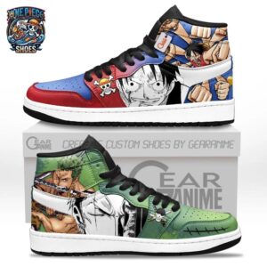 Luffy Zoro Manga Battle High-Top Leather Sneakers – Red Green One Piece Shoes