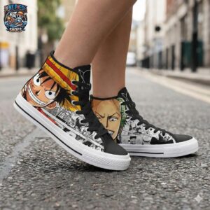 Luffy Zoro Manga Collage High-Top Sneakers – Black White One Piece Shoes