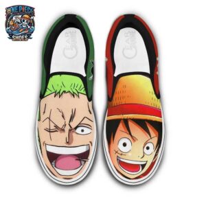 Luffy Zoro Laughing Portrait Slip-On Canvas Shoes – Red Green One Piece Sneakers