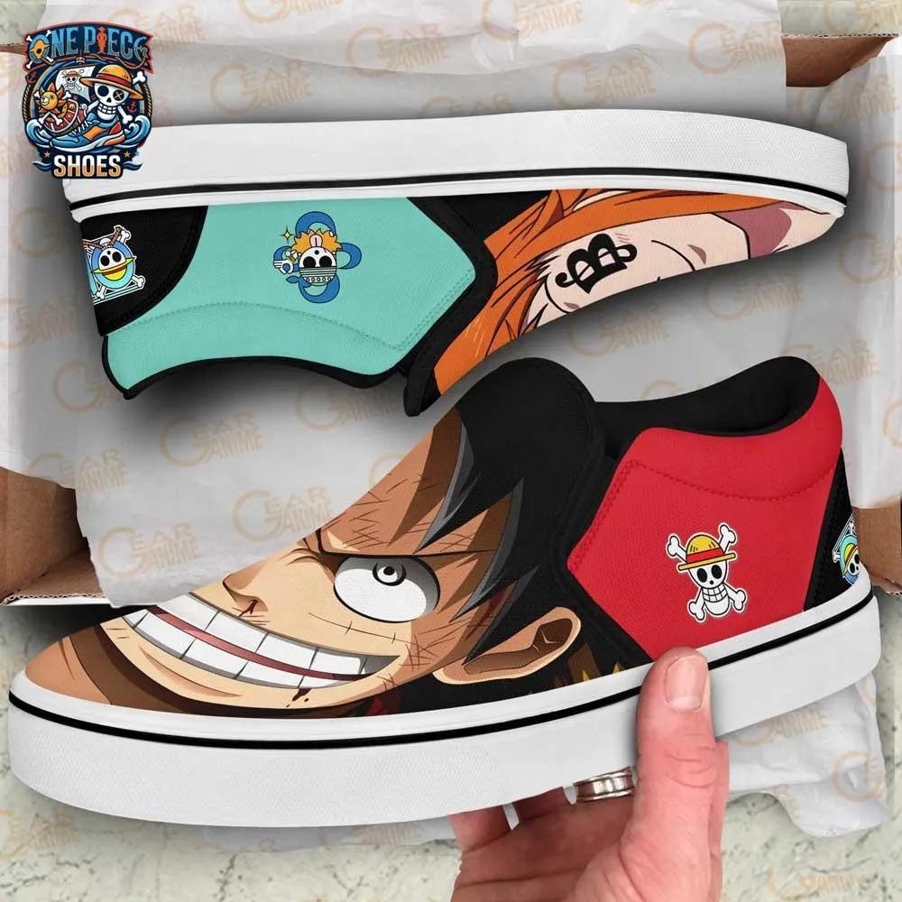 Nami and Luffy Slip-On Canvas Sneakers – Colorful One Piece Shoes Nami and Luffy Slip-On Canvas Sneakers – Colorful One Piece Shoes
