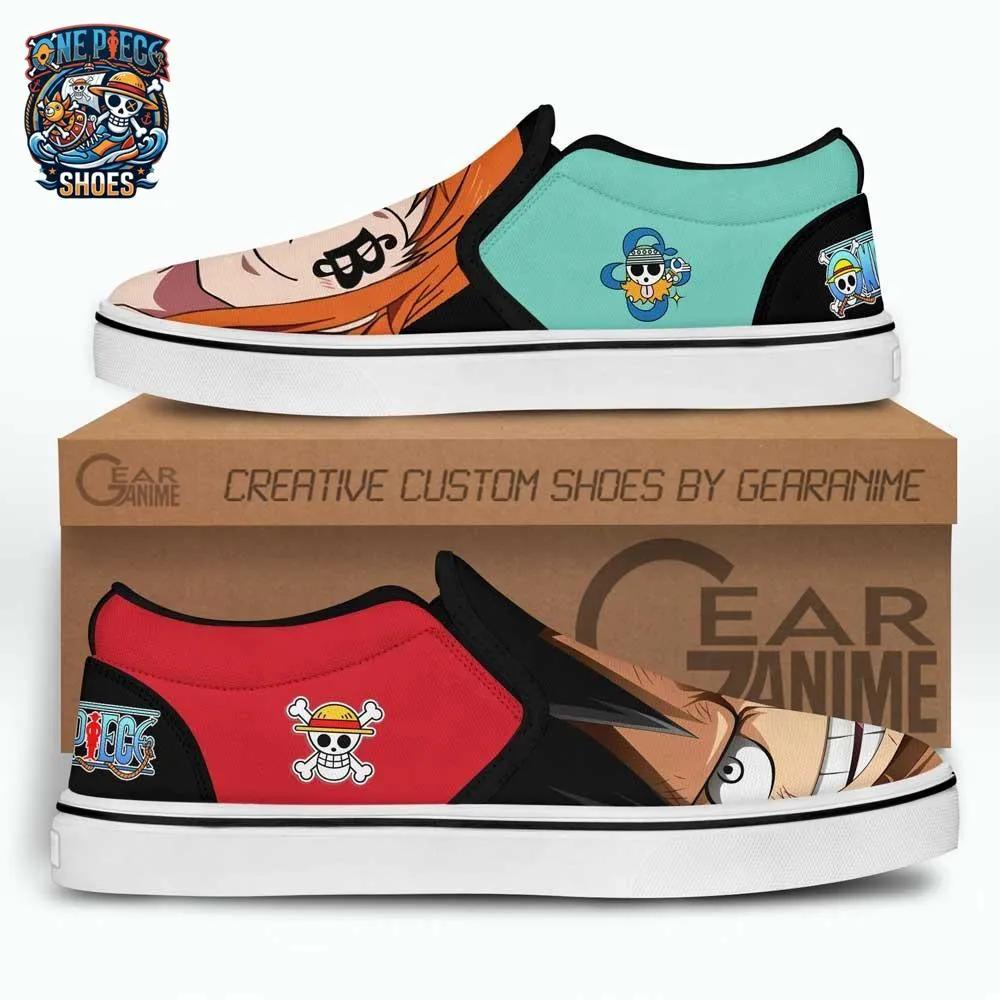 Nami and Luffy Slip-On Canvas Sneakers – Colorful One Piece Shoes Nami and Luffy Slip-On Canvas Sneakers – Colorful One Piece Shoes