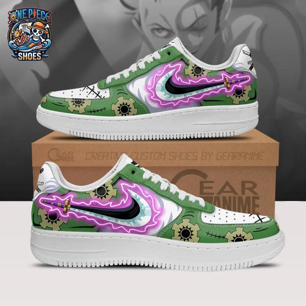 Zoro Purple Aura Low-Top Sneakers – Green One Piece Sword Graphic Shoes