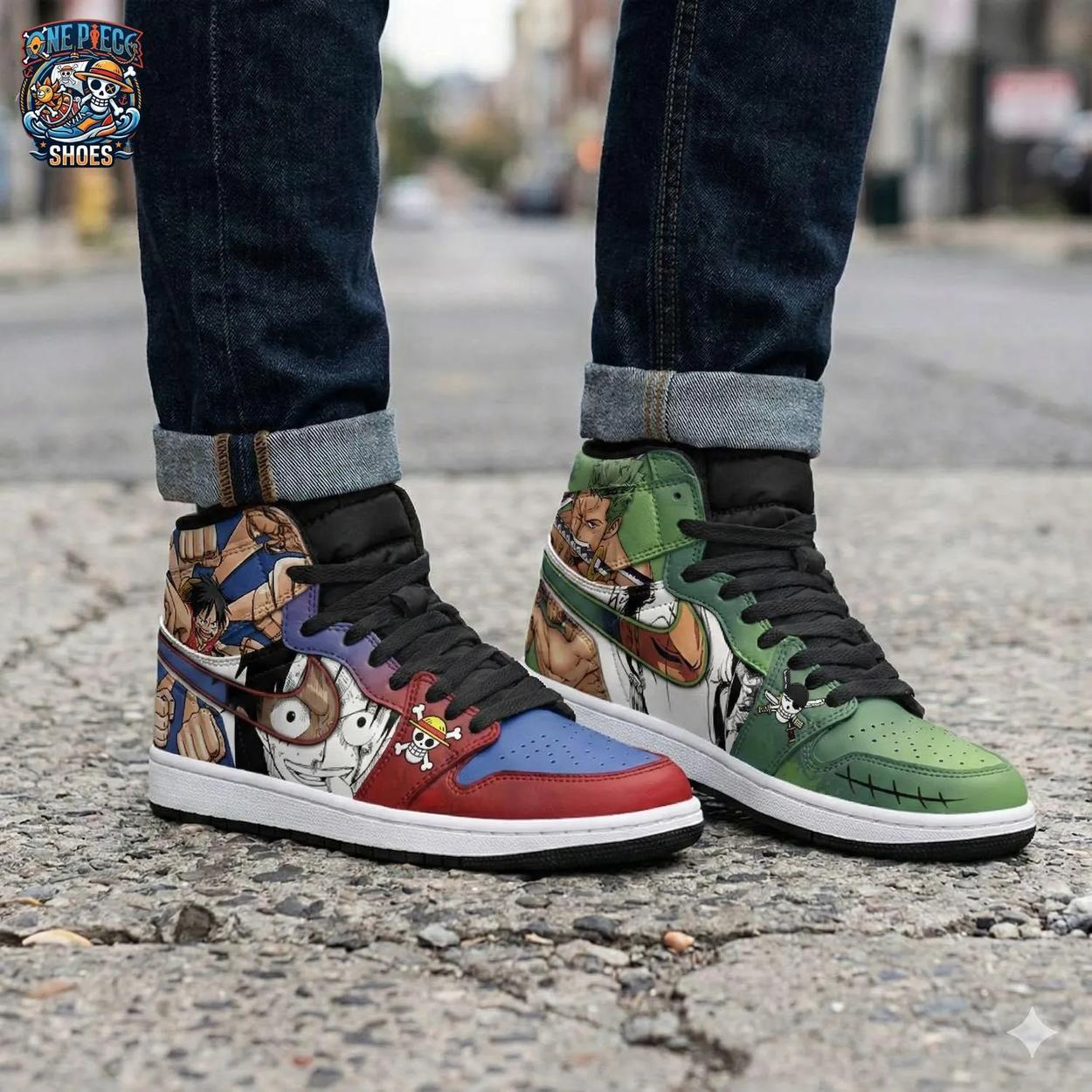 Zoro Luffy Split-Character High-Top Sneakers – Red Green One Piece Shoes