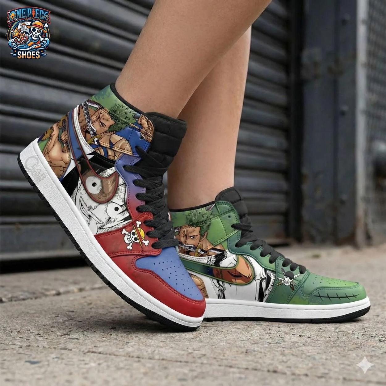 Zoro Luffy Split-Character High-Top Sneakers – Red Green One Piece Shoes