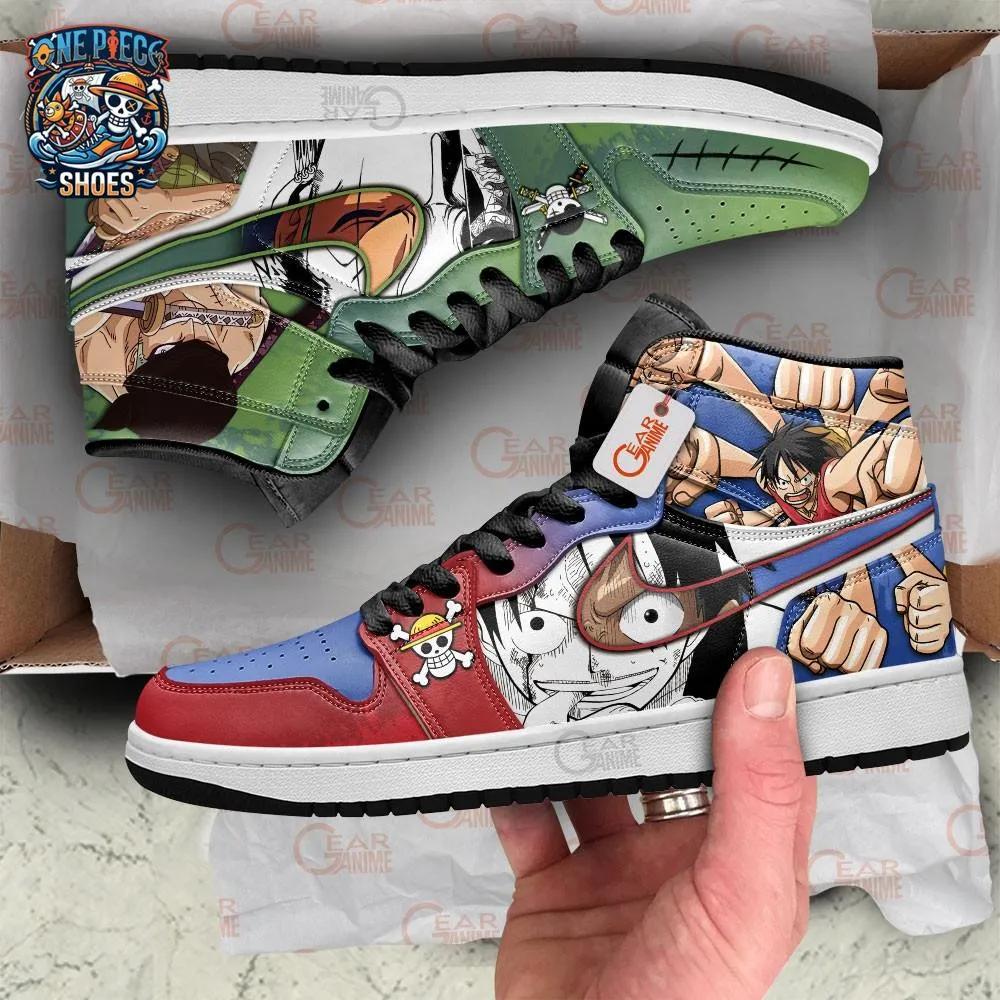 Zoro Luffy Split-Character High-Top Sneakers – Red Green One Piece Shoes