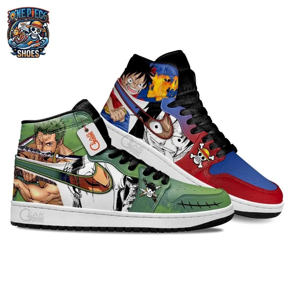 Zoro Luffy Split-Character High-Top Sneakers – Red Green One Piece Shoes