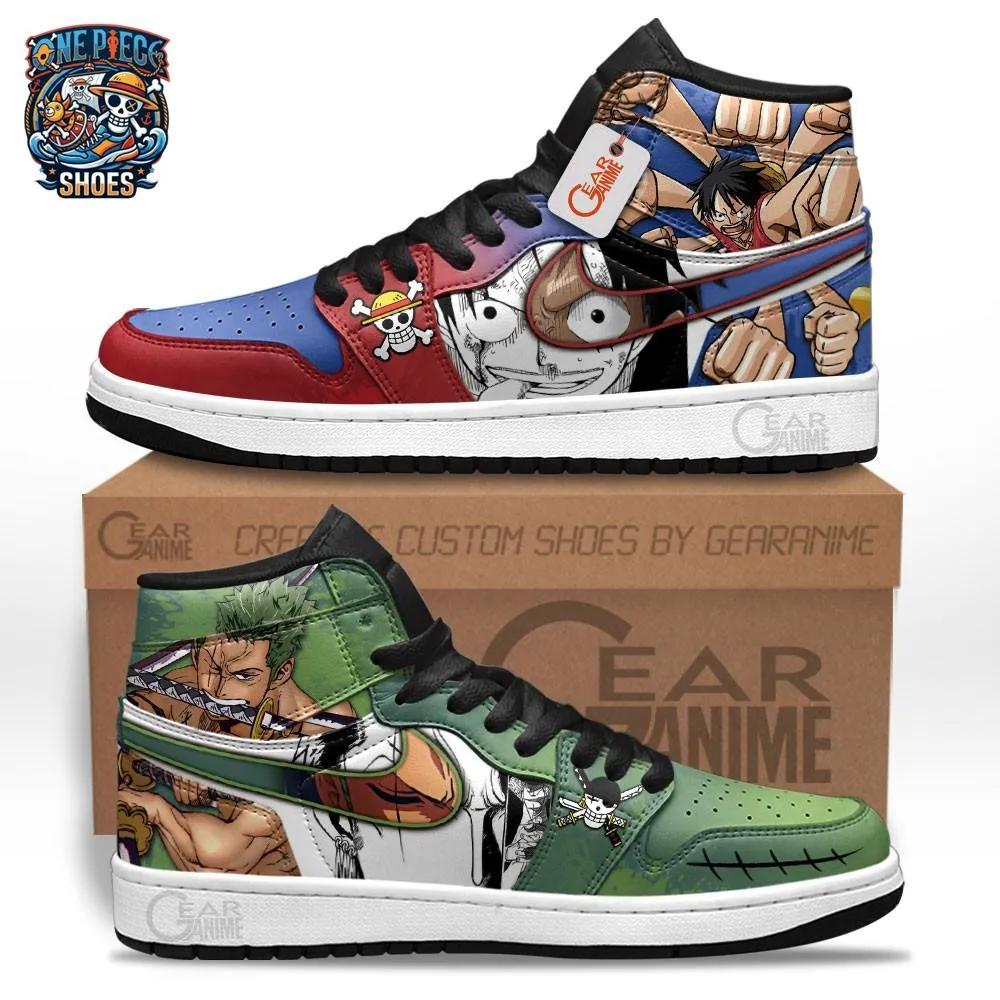 Zoro Luffy Split-Character High-Top Sneakers – Red Green One Piece Shoes