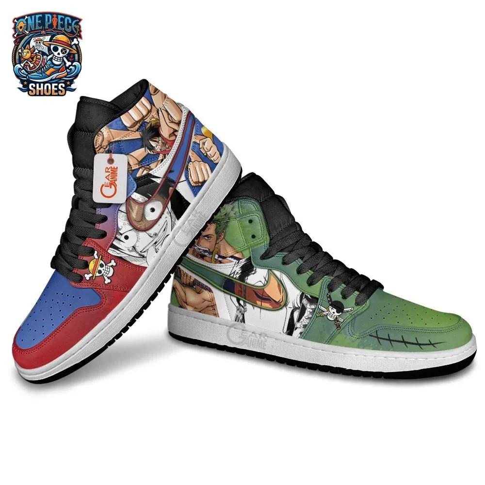 Zoro Luffy Split-Character High-Top Sneakers – Red Green One Piece Shoes