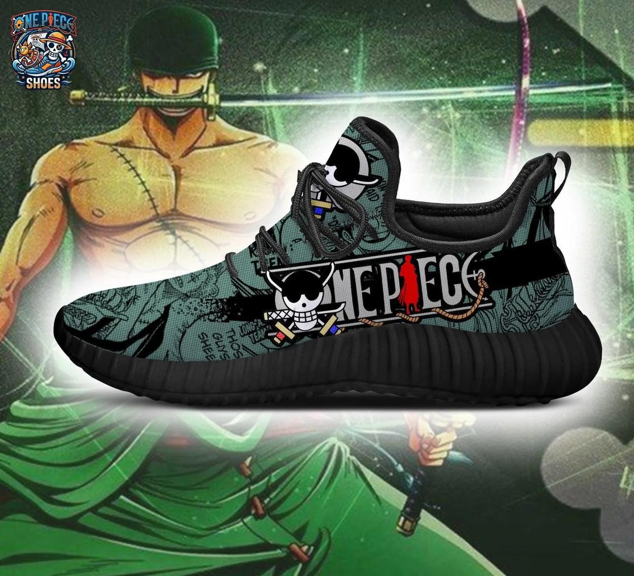 Zoro Manga Reze Shoes – Dark Green Black One Piece Sword Graphic Sneakers