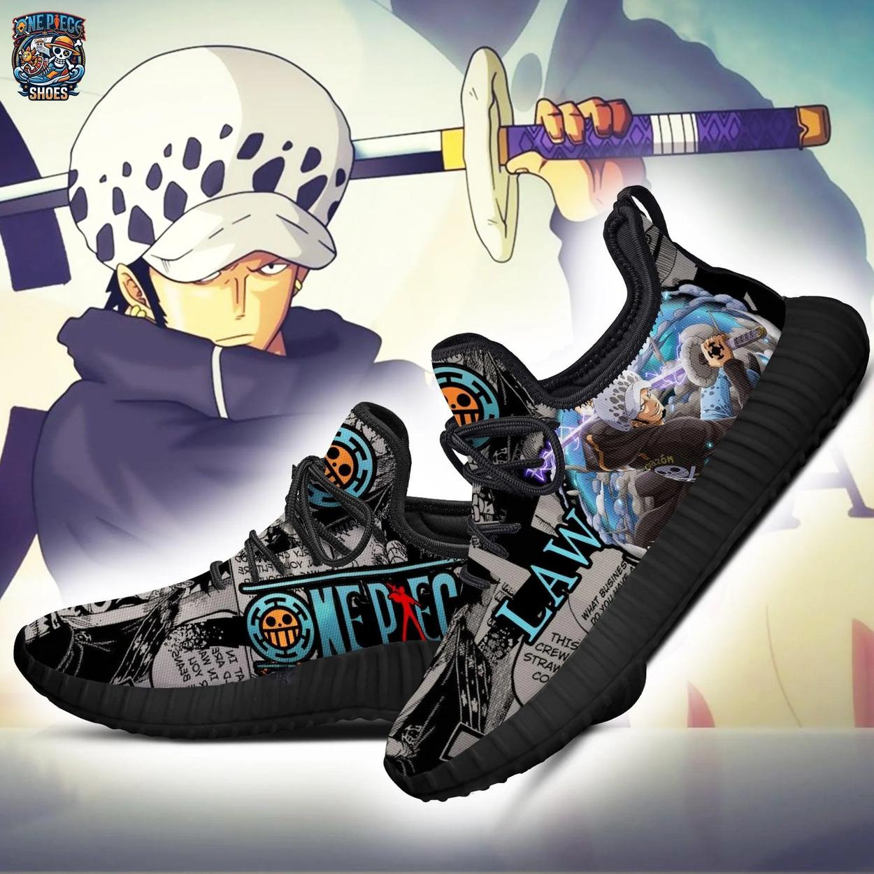 Trafalgar Law Blue Aura Reze Shoes – Black One Piece Manga Graphic Sneakers