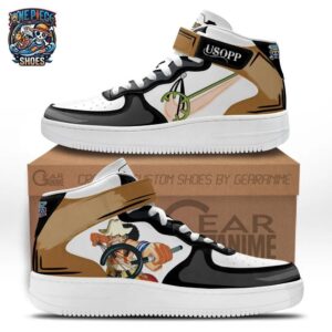 Usopp Strap Mid-Top Leather Sneakers – Black White One Piece Sniper Graphic Shoes