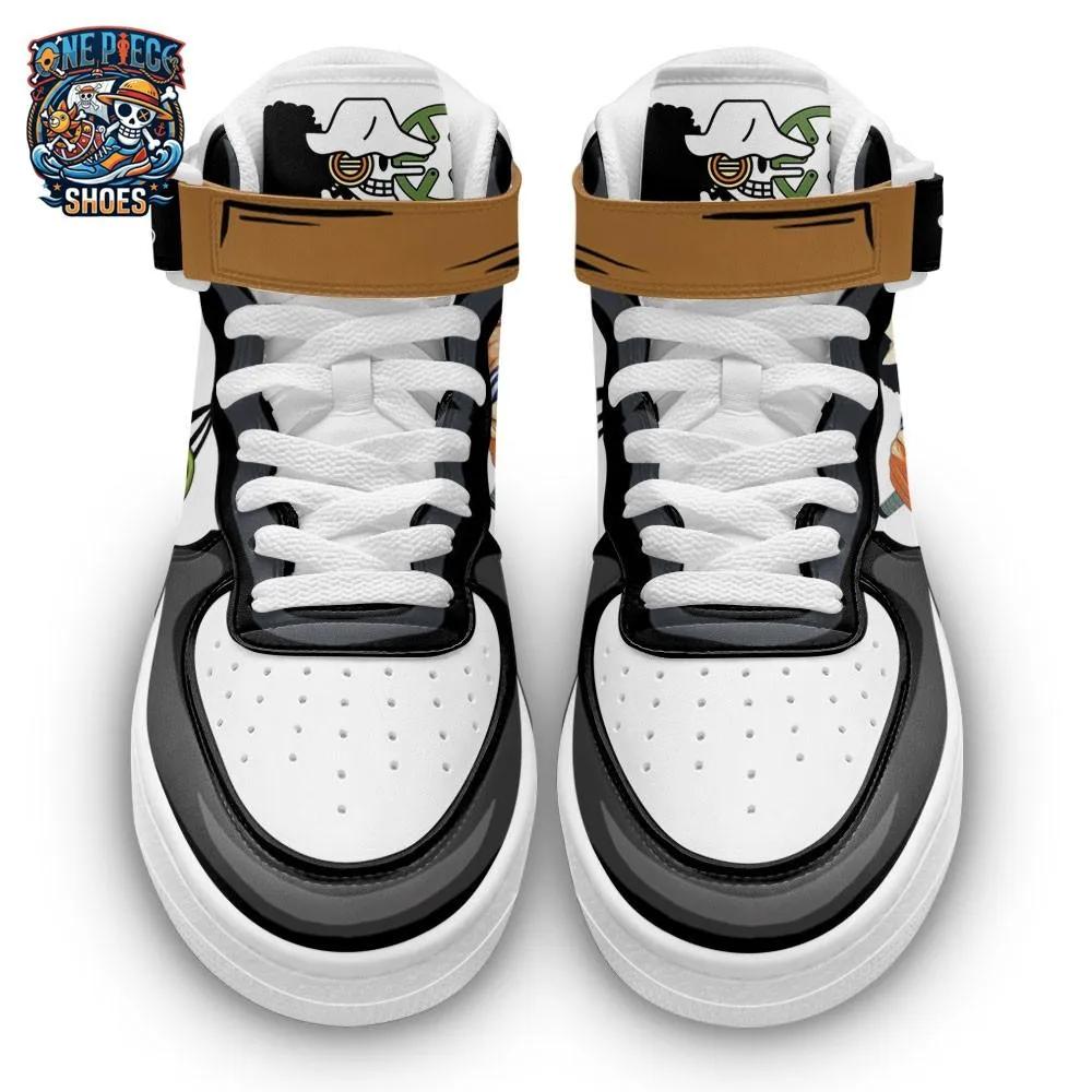 Usopp Strap Mid-Top Leather Sneakers – Black White One Piece Sniper Graphic Shoes Usopp Strap Mid-Top Leather Sneakers – Black White One Piece Sniper Graphic Shoes