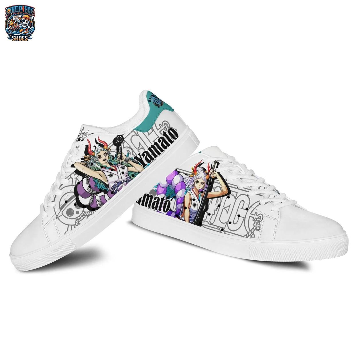 Yamato Court Low-Top Sneakers – White Teal One Piece Manga Streetwear Shoes Yamato Court Low-Top Sneakers – White Teal One Piece Manga Streetwear Shoes